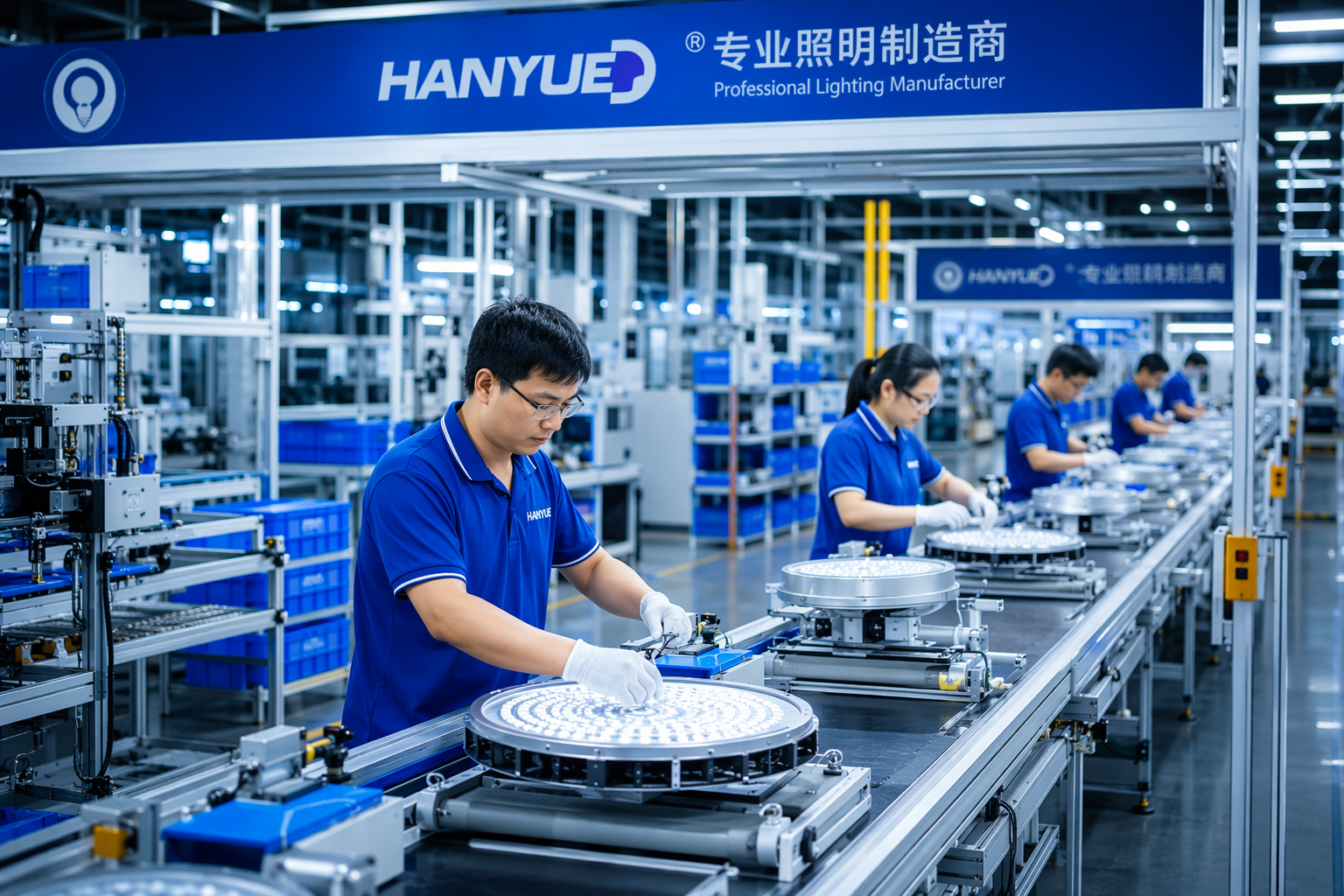 Vertical shot of skilled assembly at Han Yue lighting factory focusing on LED lamp components and technical craftsmanship for mobile devices.