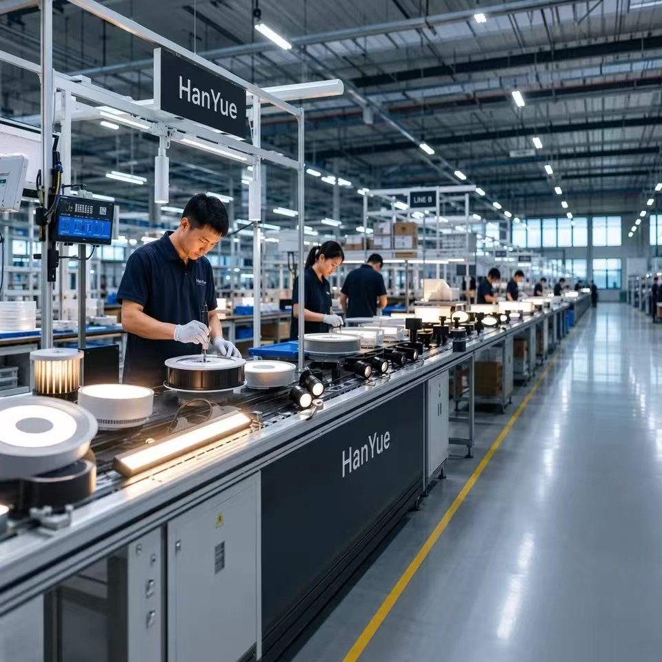 Modern lighting factory production line with skilled workers assembling high-quality LED fixtures, professional industrial manufacturing workshop for lighting equipment.